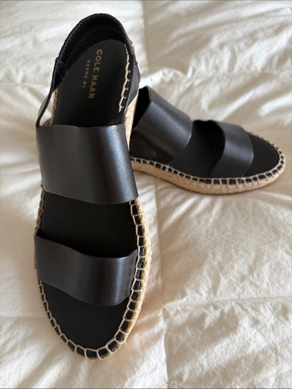 Cole Haan Black Leather Espadrille Sandals with Woven Sole
